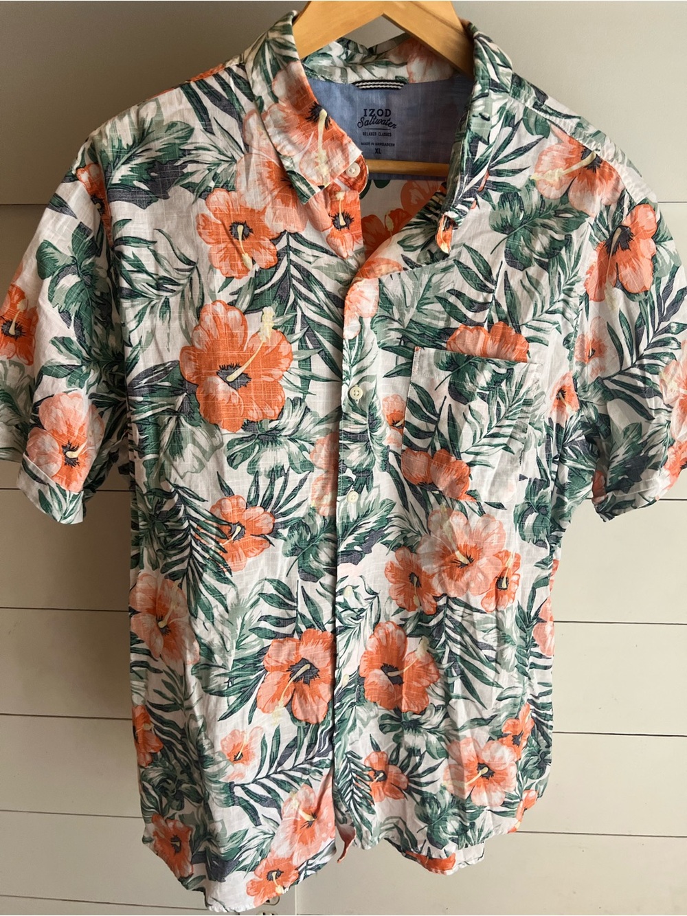 IZOD Saltwater Floral Linen Look Button-Up Hawaiian Shirt Coral & Green Size XL